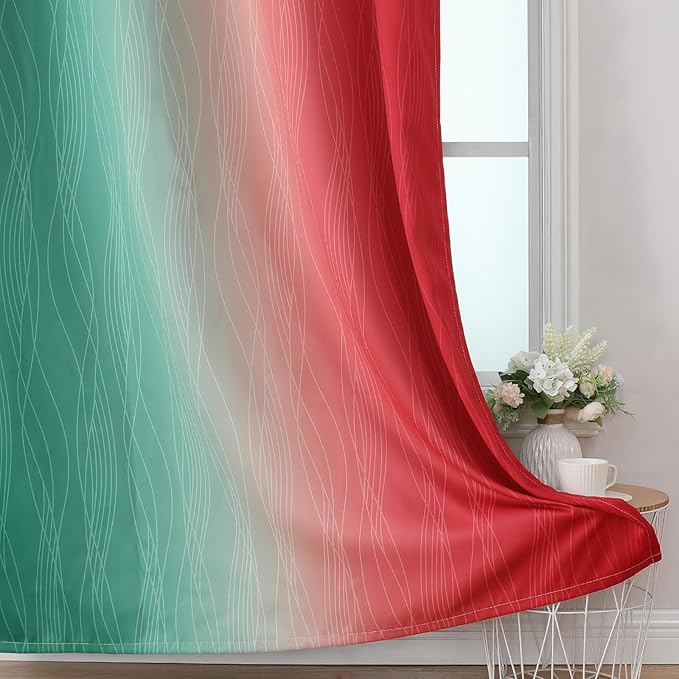 Estelar Textiler Red and Green Blackout Curtains for Kitchen 54 Inch Length, Full Room Darkening Gradient Grommet Drapes for Kids Room, Thermal Insulated Ombre Curtains for Bathroom, 52Wx54L, 2 Panels