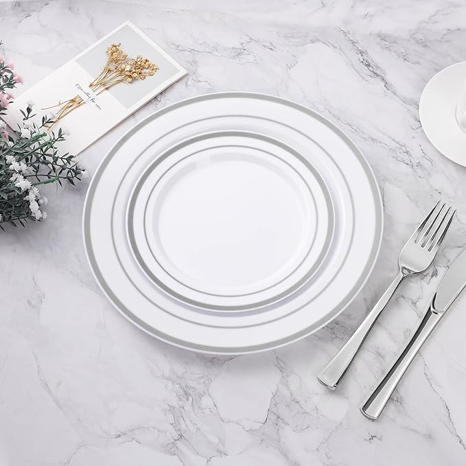 100PCS Silver Plastic Plates, 10.25 Inch Disposable Dinner Plate Party with Silver Rim for Christmas, Thanksgiving, Heavy Duty Disposable Plastic Plates for Party, Wedding and Birthday, Events