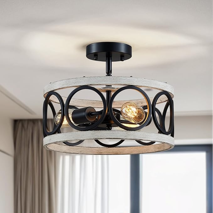 XINGQI White Chandelier 3-Light Modern Ceiling Light Rustic Wood Grain Adjustable Height Pendant Lighting Fixture 13" Round Metal Lamp for Dining Room Kitchen Bedroom Foyer Hallway