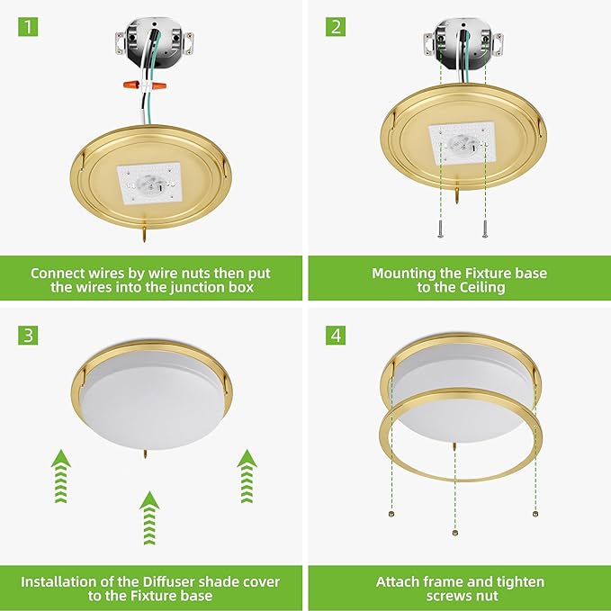 hykolity 16 inch Dimmable LED Flush Mount Ceiling Light Fixture, Gold, 36W, 2200LM, 2.7/3/3.5/4K/5K Adjustbale, 120°Light Angle, CRI90, Ceiling Lamp for Bedroom, Kitchen, Office, ETL Listed