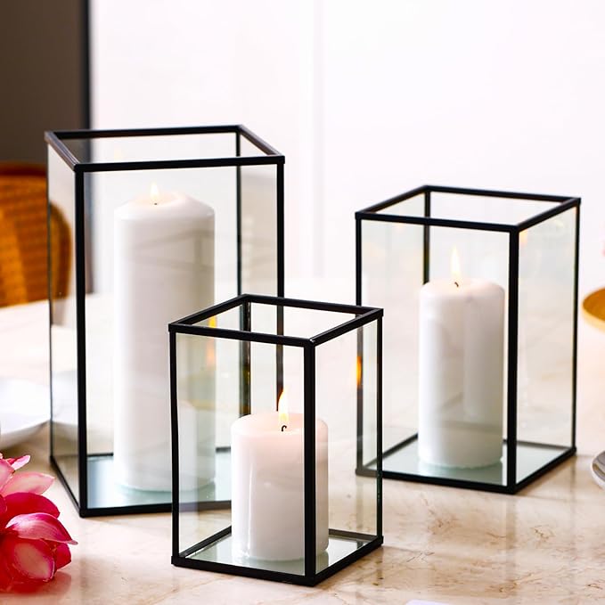 Hurricane Candle Holder 3 PCS, Black Glass Candle Holder Square Hurricane Candle Centerpieces for Tables Decorative, Wedding, Party