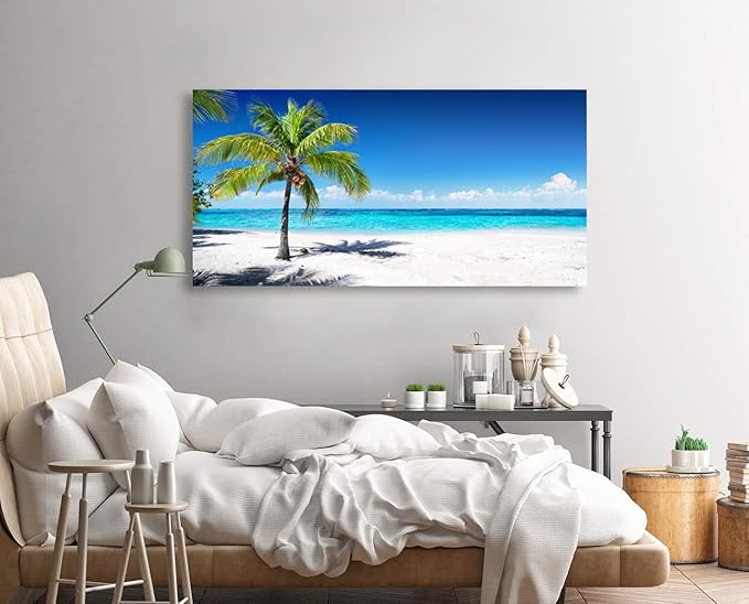 Baisuart-Large Canvas Wall Art Summer Ocean Waves Coconut Trees on Sands Beach Seascape Painting Sea Nature Pictures for Living Room Home Office Wall Decor Artwork