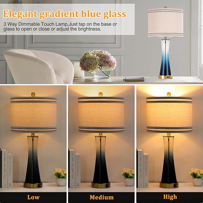 27.4''Table Lamps for Living Room Set of 2,3-Way Dimmable Modern Glass Bedside Lamps with USB Ports,Tall Lamps for Night Stands,Touch End Table Lamps for Bedroom Desk Lamps for Home Office(Blue)