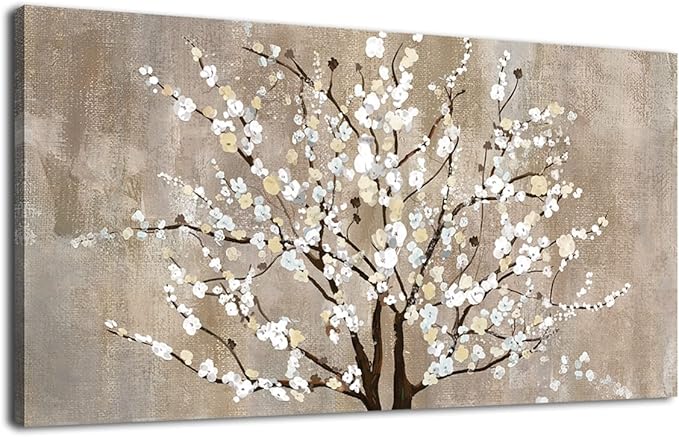 Flower Canvas Wall Art for Living Room Plum Blossom Canvas Wall Pictures for Bedroom Wall Decor Brown Pink White Elegant Floral Canvas Prints Artwork Home Decorations Framed Ready to Hang 29" x 58"