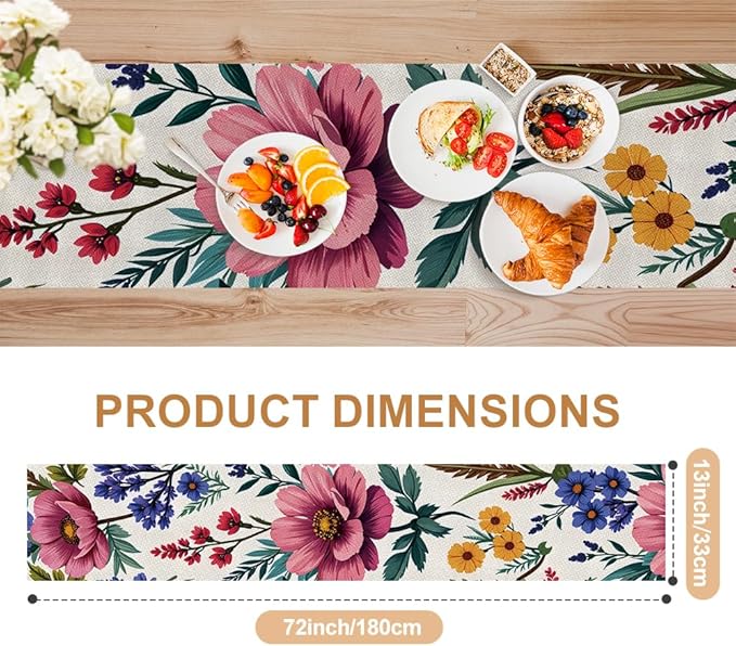 ANNA QUEEN Flowers Table Runner 13 x 72 Inch for Dining Table, Table Runner for Fall Dining Decor Indoor Outdoor Party Home Table Decoration
