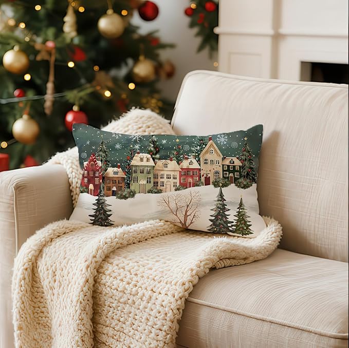Winter Lumbar Decorative Rectangle Pillow Cover 12 x 20, Wonderland Forest House Snowflake Vintage Porch Outdoor Pillowcase, Christmas Holiday Seasonal Farmhouse Cushion Case Home Decor