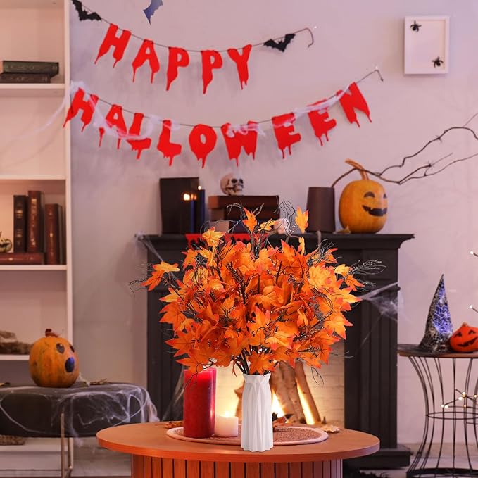 12 Pcs 19.7 Inch Artificial Fall Flowers Burnt Orange Fake Maple Leaf Floral Stems Autumn Floral Picks Thanksgiving Harvest Centerpieces Decorations for Home Indoor Vase Arrangement Decor