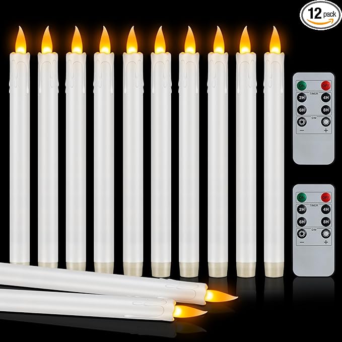 12 Pcs Flickering Flameless Taper Candles, 10" Fake Taper Candles Battery Operated with Timer, Long Lasting-White Electric Led Candlesticks for Xmas Halloween Wedding Home Décor