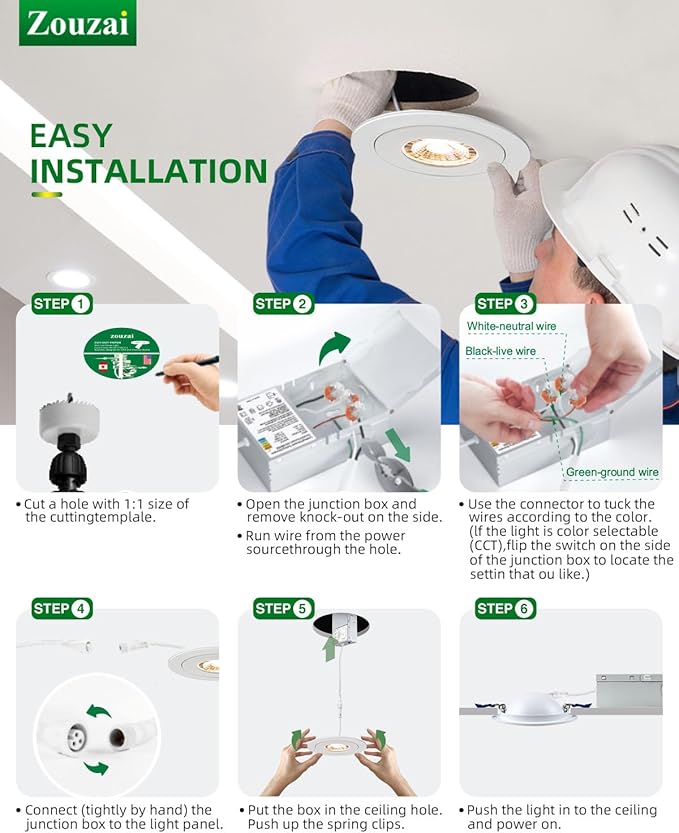 zouzai 1 Pack 4 inch 5CCT LED Gimbal Led Recessed Light with Junction Box, 360ยฐ+90ยฐ Adjustable Directional Eyeball Lighting, Dimmable, 2700K/3000K/3500K/4000K/5000K, 960LM, 10W=90W-ETL&Energy Star