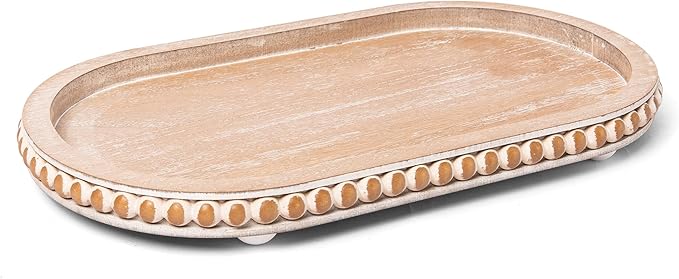 HPC Decor 15in Oval Tray for Home Decor - Brown Wood Beaded Tray - Decorative Serving Tray,Rustic Farmhouse Wooden Trays for Vintage Centerpiece,Kitchen Counter,Living Room Decor,Coffee Table Decor.