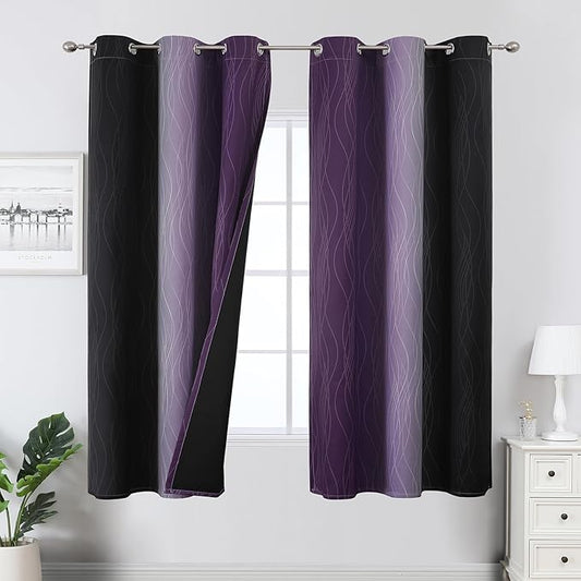 Estelar Textiler Purple and Black Ombre Blackout Curtains for Bedroom, Thermal Insulated Gradient Blackout Drapes, Full Room Darkening Energy Saving Curtains for Living Room, 42Wx63L, 2 Panels