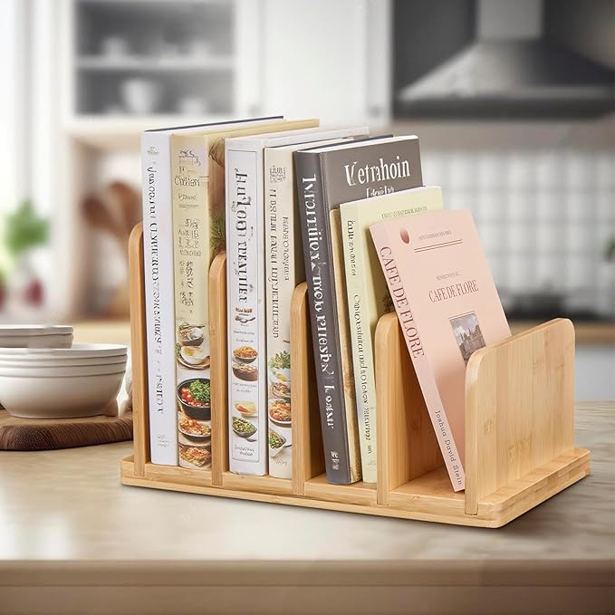 Cook Book Organizer,Bamboo Cookbook Stand for Kitchen Counter with 4-Slot,Sturdy Recipe Book Holder Stand for Convenient Cookbook Storage