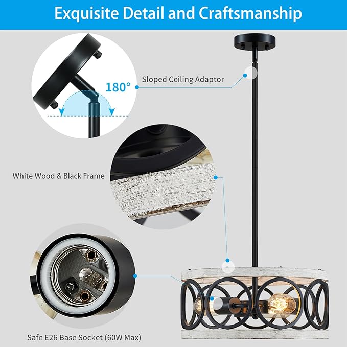 XINGQI White Chandelier 3-Light Modern Ceiling Light Rustic Wood Grain Adjustable Height Pendant Lighting Fixture 13" Round Metal Lamp for Dining Room Kitchen Bedroom Foyer Hallway