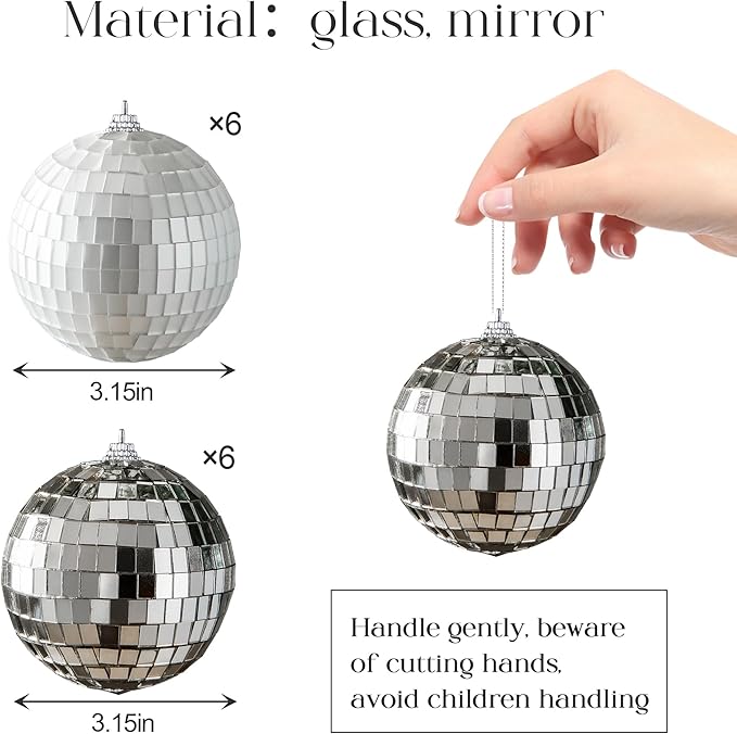 12 PCS Disco Balls Decor, Silver Disco Ball Party Decorations, Hanging Christmas Decoration Matte and Mirror Balls, 3.15in Glass Hanging Disco Ball for Home Holiday KTV Wedding Stage Xmas Tree
