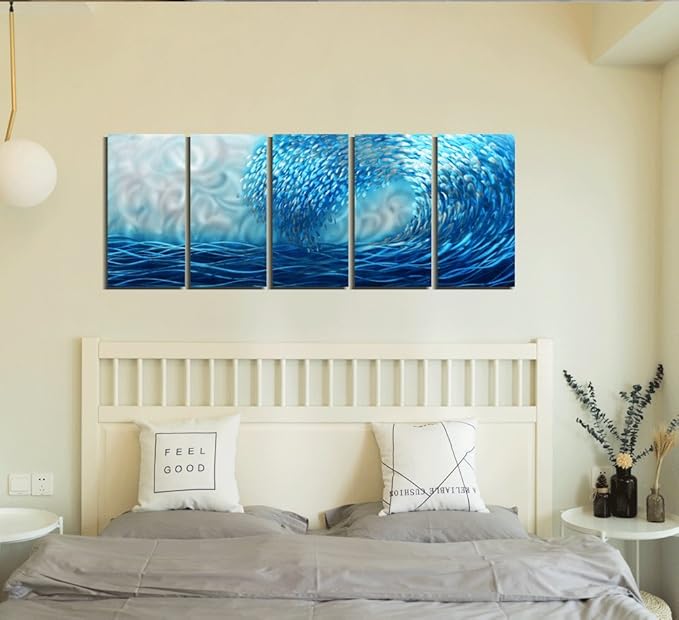 Yihui Arts Hand Crafted Blue Sea Wave 3D Metal Wall Art - Coastal 5 Panel Aluminum Sculpture for Big Abstract Office, Hallway, Fireplace, and Home Decor
