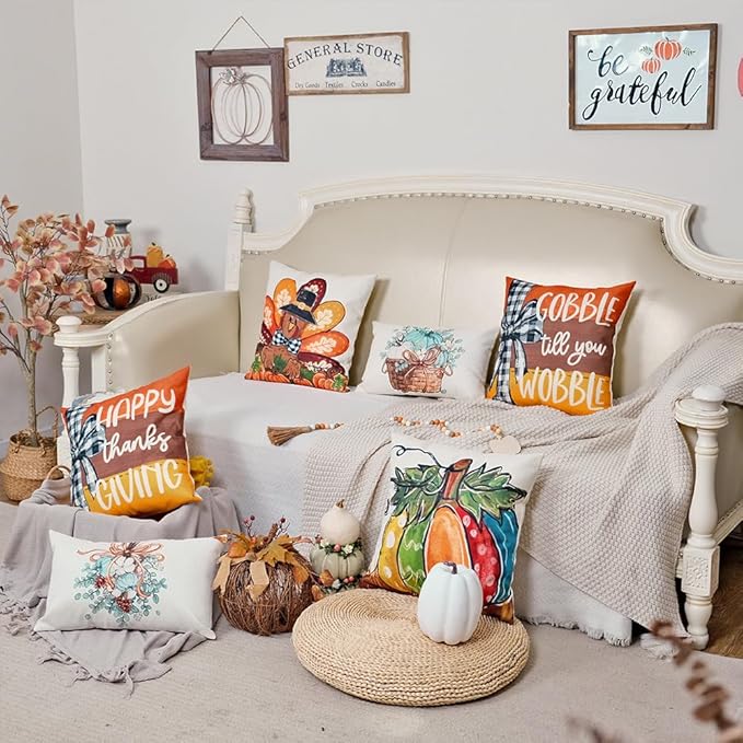 GEEORY Happy Thanksgiving Throw Pillow Covers 16x16 Inch Set of 4, Turkey Gobble Pumpkin Striped Fall Farmhouse Decorative Holiday Decoration for Home G568-16