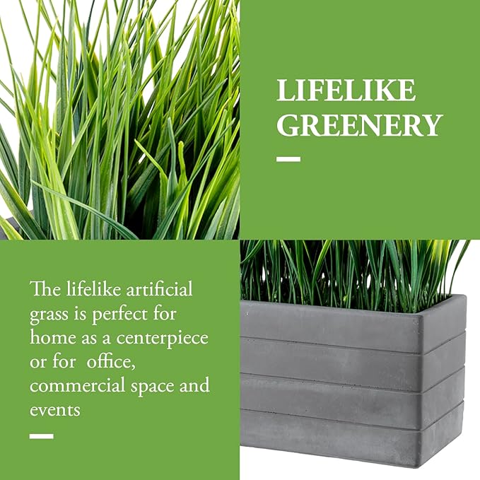 MyGift 14 Inch Artificial Green Grass Plants in Ribbed Dark Gray Concrete Rectangle Planters, Tabletop Faux Greenery in Rectangular Cement Pot Centerpiece Décor