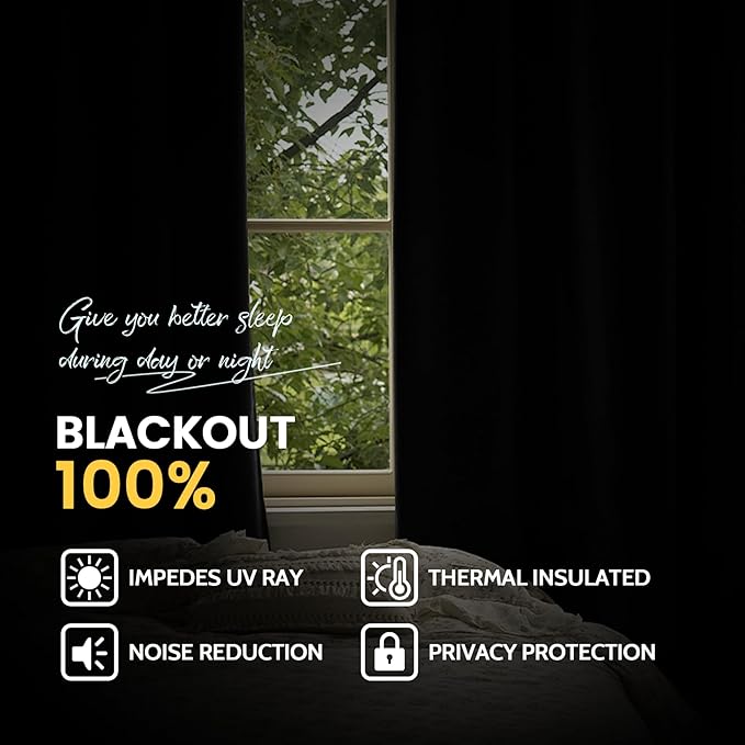 Yakamok 100% Blackout Curtain Panels 72 inches Cold and Light Blocking Drapes for Nursery, 2 Thick Layers Thermal Insulated Draperies (2 Pieces, 50 Wide Each Panel, Black Front with White Backing)