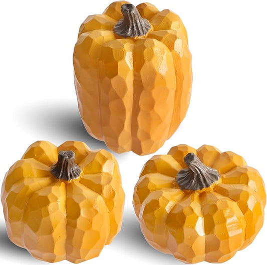 winemana Pumpkins Fall Decorations for Home & Thanksgiving- Set of 3 Artificial Pumpkin Centerpiece for Table Runner, Office, Indoor Mantel & Porch, Autumn Harvest Decor (Yellow)