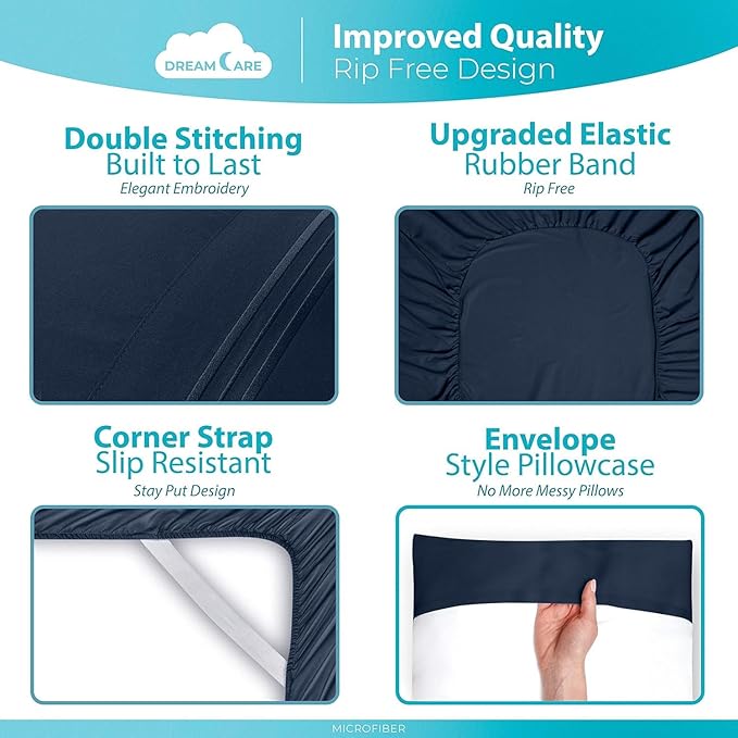 DREAMCARE King Size Sheets Set – 6 pcs Cooling Bed Sheets – up to 21” Deep Pocket King Sheet Set – 2500 Supreme Collection – Extra Soft 100% Brushed Microfiber Hotel Luxury with Side Pocket – N Blue