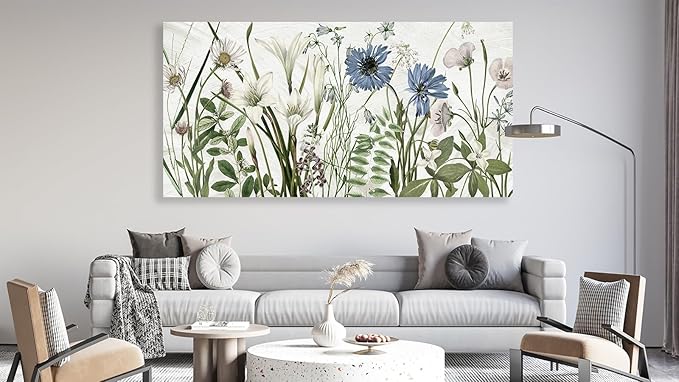 NINEASO Botanical Canvas Wall Art - Wildflower Pictures Floral Wall Decor Nature Prints Green Blue Flower Plants Painting Artwork for Living Room Bedroom Home Office Decorations 24" x 48"