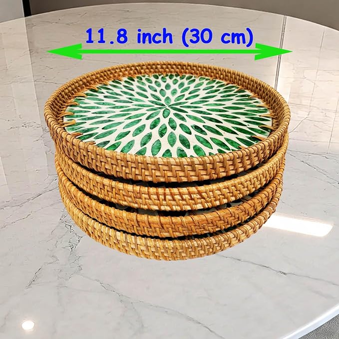 11.81" Round Rattan Mother Pearl Inlay Tray | Decorative Wooden Base for Fruit Serving, Coffee Table, Storage and Display Organizer (Green Leaf 13.8)