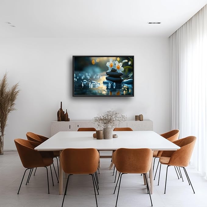 Zen Framed Wall Art for Living Room, Large Lotus Canvas Wall Decor, Stones in Water Landscape Pictures Painting, Modern Artwork for Spa Bathroom Bedroom 36L'' × 24W''