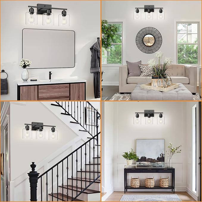 3 Light Bathroom Vanity Light, Matte Black Vanity Lights with Clear Glass for Bathroom Mirror Living Room Bedroom Hallway E26 Base