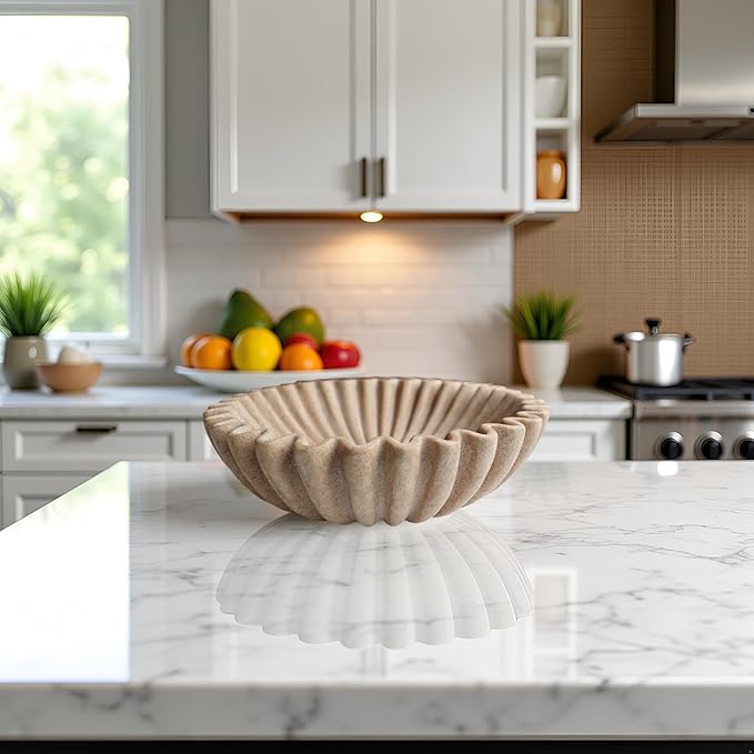 10" Large Decorative Bowl decor, Scalloped Bowls for Modern Home Decor,Ruffle Decor,Stylish Key Bowl for Entry Table,Decorative Fruit Bowl for Kitchen Counter,Artificial Stone Beige