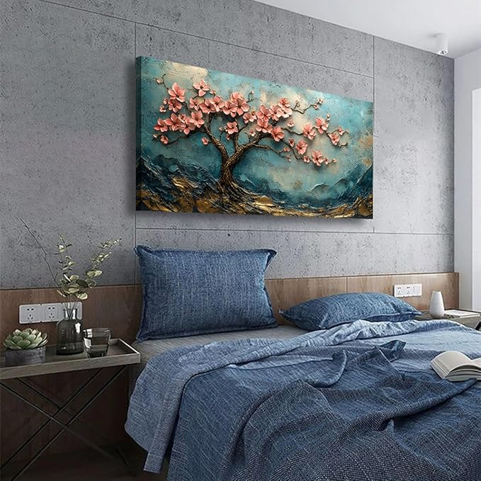 Tree of Life Pink Flowers and Golden Trees Pictures Canvas Wall Art for Living room Office Bedroom Teal Mountain Abstract Wall Decor Art Print Paintings Modern Plum Blossom Artwork -20x40inch