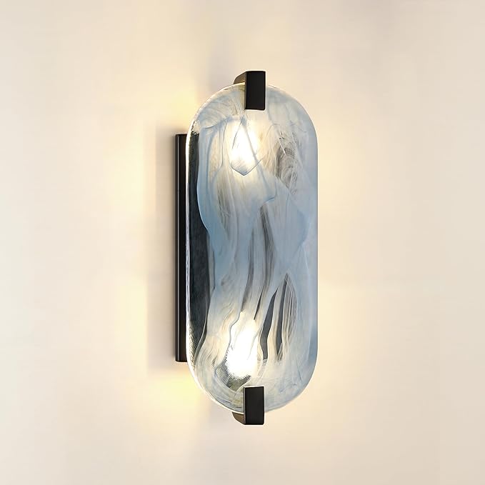 Leading Lighting 2 Light Oval Frosted Blue Glass Bathroom Wall Sconce Modern Concise Style Wall Light Fixture,Black Finish for Bedroom Hallway Bedside
