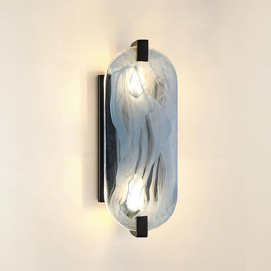 Leading Lighting 2 Light Oval Frosted Blue Glass Bathroom Wall Sconce Modern Concise Style Wall Light Fixture,Black Finish for Bedroom Hallway Bedside