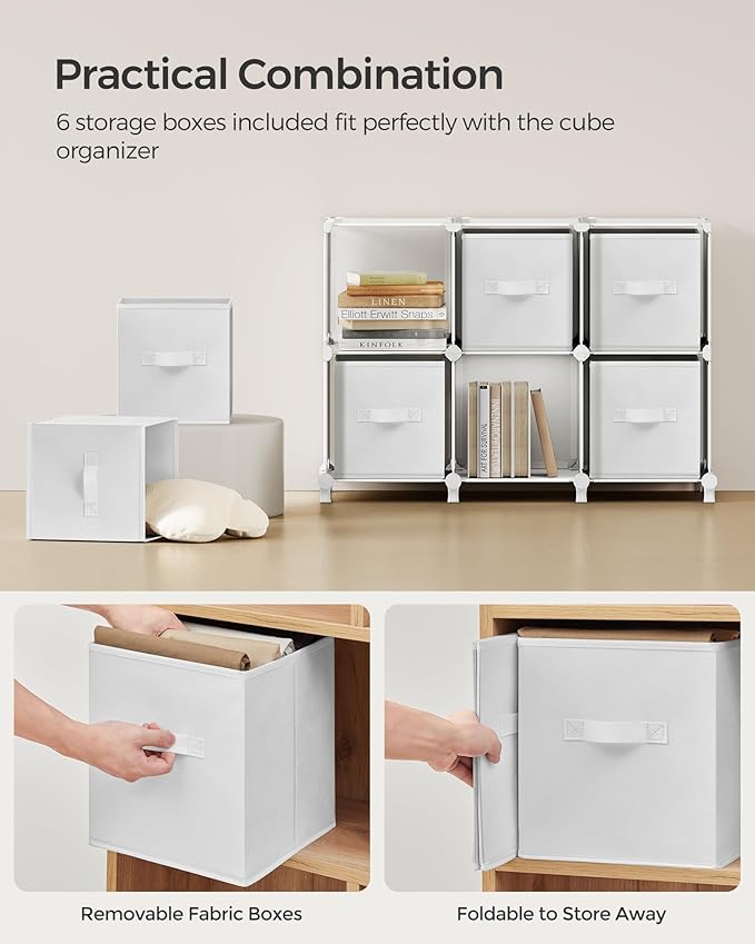 SONGMICS Cube Storage Organizer with Storage Boxes, 6-Cube Organizer, 6 Collapsible Non-Woven Fabric Bins, Customizable, Space-Saving, Bedroom, Living Room, Cloud White ULPC062W06