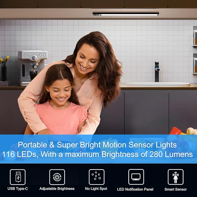 YELKO Under Cabinet Lights, 116LEDs Rechargeable Motion Sensor Light Indoor, 3200mAh 15.8inch Battery Operated Closet Light bar, Cordless Dimmable Under Counter Lights for for Kitchen (Two Pack)