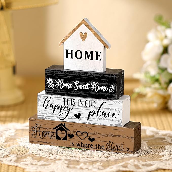 Geelin 4 Pcs Farmhouse Wooden Tabletop Decor Sweet Home Tiered Tray Decor Rustic Home Wood Sign Neutral Decorations for Wood Block Sign Coffee Shelf Desk Centerpiece Decoration