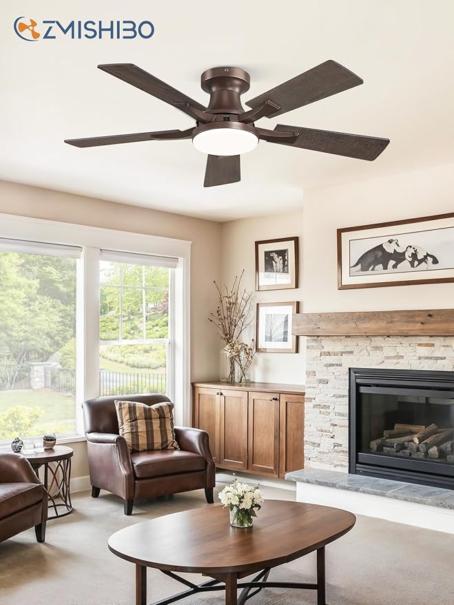 ZMISHIBO 42 Inch Ceiling Fan with Light, App&Remote Control, Flush Mount Low Profile, Dimmable 20W LED Light, Quiet Reversible Motor for Bedroom, Living Room, Apartment, Brown