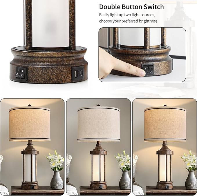 25'' Table Lamps Set of 2 for Living Room Bedroom Farmhouse Metal Lamps with 2 USB Ports, Built-In Frosted Glass Night Light Vintage Industrial Nightstand Bedside Lamp, 4 Bulbs Included, Bronze