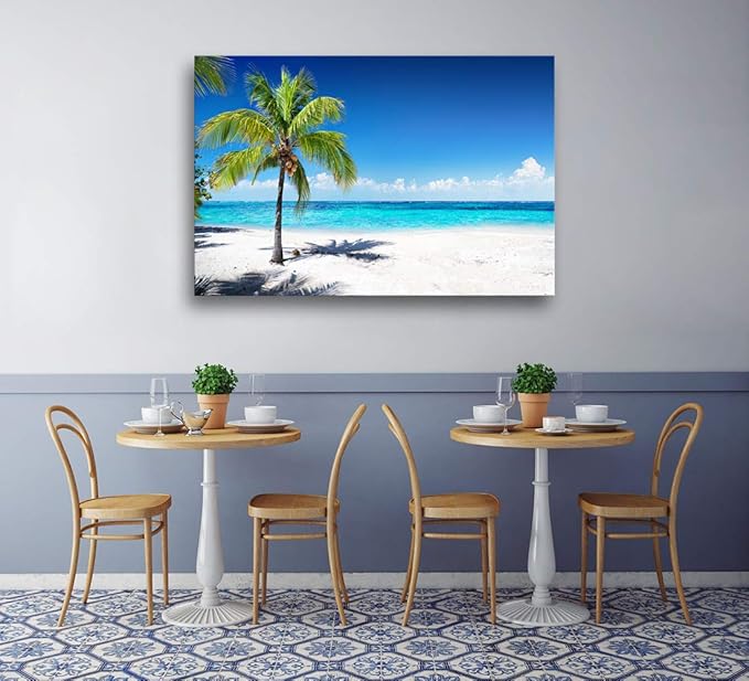 Baisuart-S03969 Large Canvas Wall Art Summer Ocean Waves Prints Coconut Trees on Sands Beach Seascape Painting Sea Nature Pictures Framed for Living Room Home Office Wall Decor Artwork
