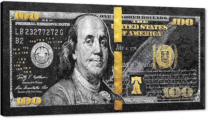 100 Money Wall Art Black Gold Dollars Bill Canvas Paintings Posters and Posters Inspirational Wall Pictures for Bathroom Guest Room Game Room Wall Hang Large Size Wooden Framed Art Print-48 Wx24 H
