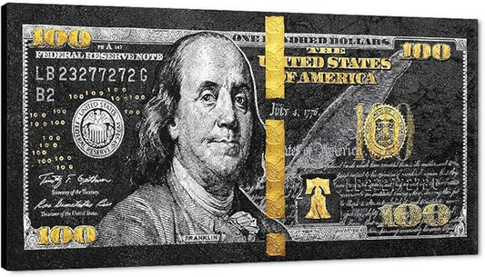 100 Money Wall Art Black Gold Dollars Bill Canvas Paintings Posters and Posters Inspirational Wall Pictures for Bathroom Guest Room Game Room Wall Hang Large Size Wooden Framed Art Print-48 Wx24 H