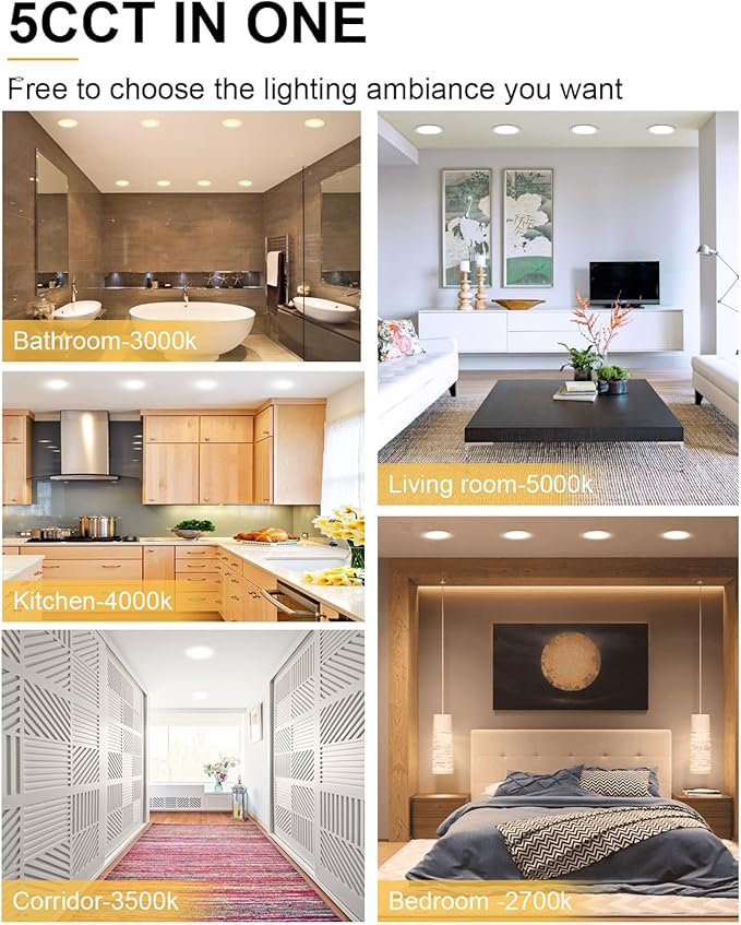 ZYC 8 Inch Recessed Lighting - 18W 1802LM Black Recessed Lighting,Dimmable 5CCT 2700K/3000K/3500K/4000K/5000K Selectable,IC Rated,Ultra-Thin Dimmable Canless Wafer Downlight Pack of 6 Black.