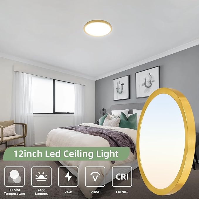 hykolity 12 Inch Selectable CCT LED Round Flat Panel Light, 24W 3000K/4000K/5000K, Edge-Lit Flush Mount Ceiling Light Fixture for Kitchen, Bedroom, Laundry and Closet Room,Gold