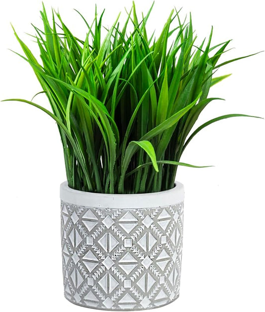 MyGift 9 Inch Artificial Green Grass Plants in Modern Concrete Pot with Geometric Embossed Pattern, Faux Greenery Plant Centerpiece Decorative Round Planter
