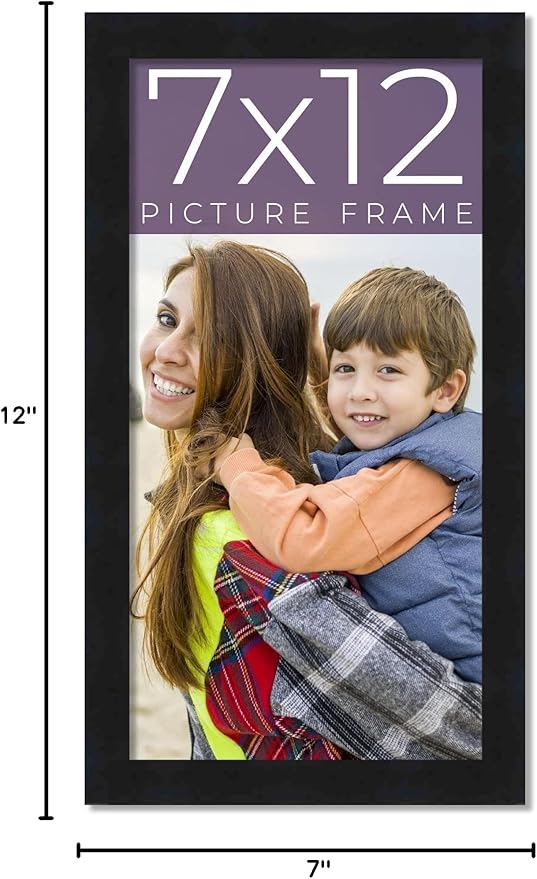 7x12 Frame Black Real Wood Picture Frame Width 0.75 Inches | Interior Frame Depth 0.5 Inches | Noir Classique Mid Century Photo Frame Complete with UV Acrylic, Foam Board Backing & Hanging Hardware