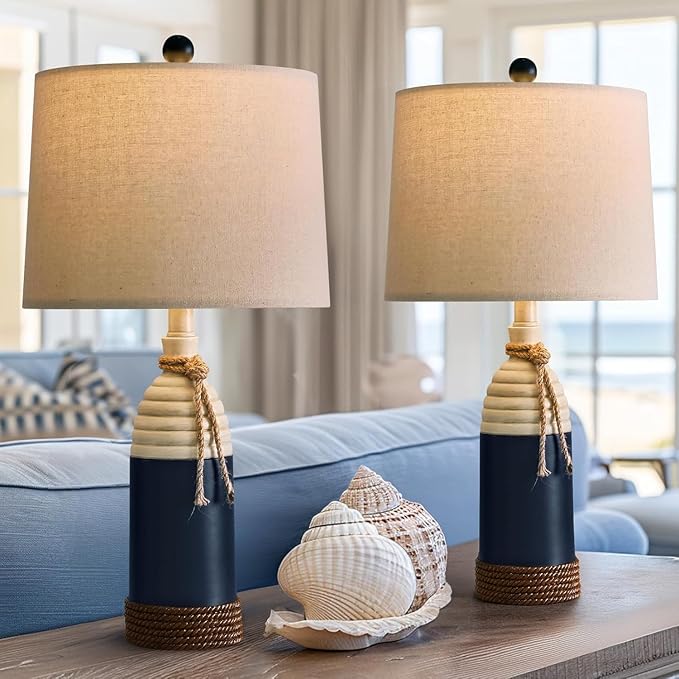 OYEARS 23.75" Table Lamps Set of 2, Bedside Lamps for Nightstands, Nautical Table Lamps for Living Room, Coastal Ocean Beach Style, Resin, Navy Blue