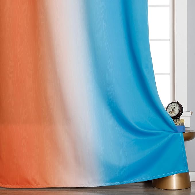 Thermal Insulated Blue and Orange Curtains for Living Room, Complete Light Blocking Ombre Blackout Curtains for Bedroom, Full Room Darkening Gradient Grommet Drapes for Boy Room, 42x84 Inch, 2 Panels