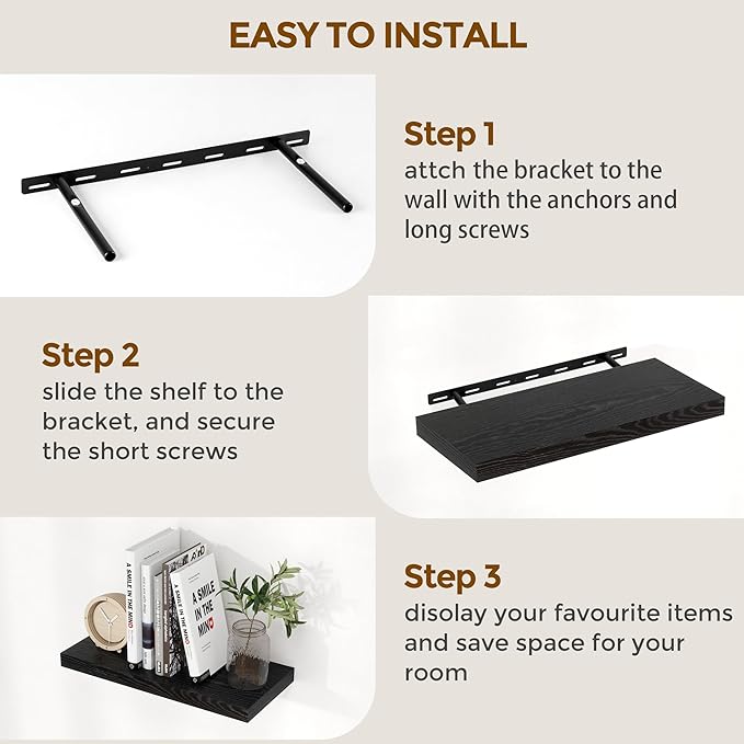 Fun Memories Floating Shelves 55 Inch Set of 2, Black 55 x 9.3 Wall Shelves for Home Decor Storage, Rustic Wood Floating Shelf for Wall, 9.3 Inch Deep Shelving for Bathroom, Living Room, Kitchen