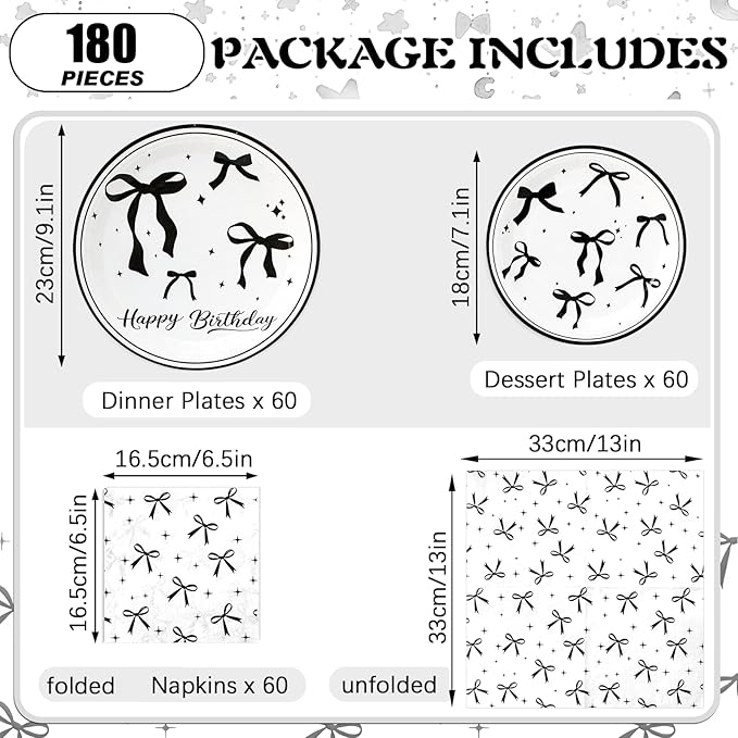 180Pcs Black Bow Birthday Party Supplies Paper Plates and Napkins Serve 60 Disposable Tableware Set for Birthday Party Decorations Game Day Family School Holiday Sports Events