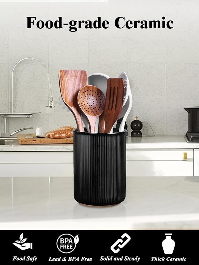 LoeJan Utensil Holder, Extra Large Utensil Crock, Stable Ceramic Utensil Organizer, Cooking Tool Organizer Set for Kitchen Counter Farmhouse Decor (F-6.7" Black)