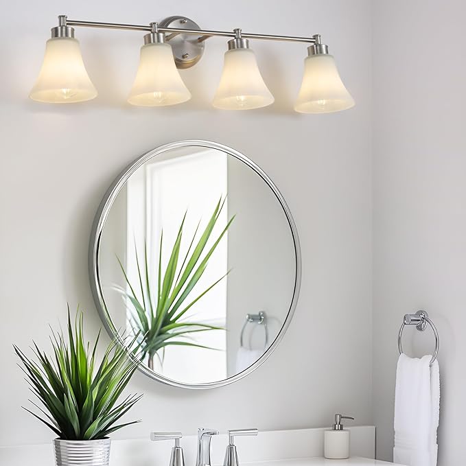 LOUSACE 4 Light Bathroom Vanity Light Brushed Nickel Bathroom Lighting Fixtures Over Mirror with Opal White Frosted Glass, Vintage Traditional Wall Lighting Fixture Satin Nickel Vanity Lights
